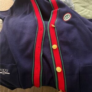 Gucci Navy Blue Cardigan with Red and Green Accents